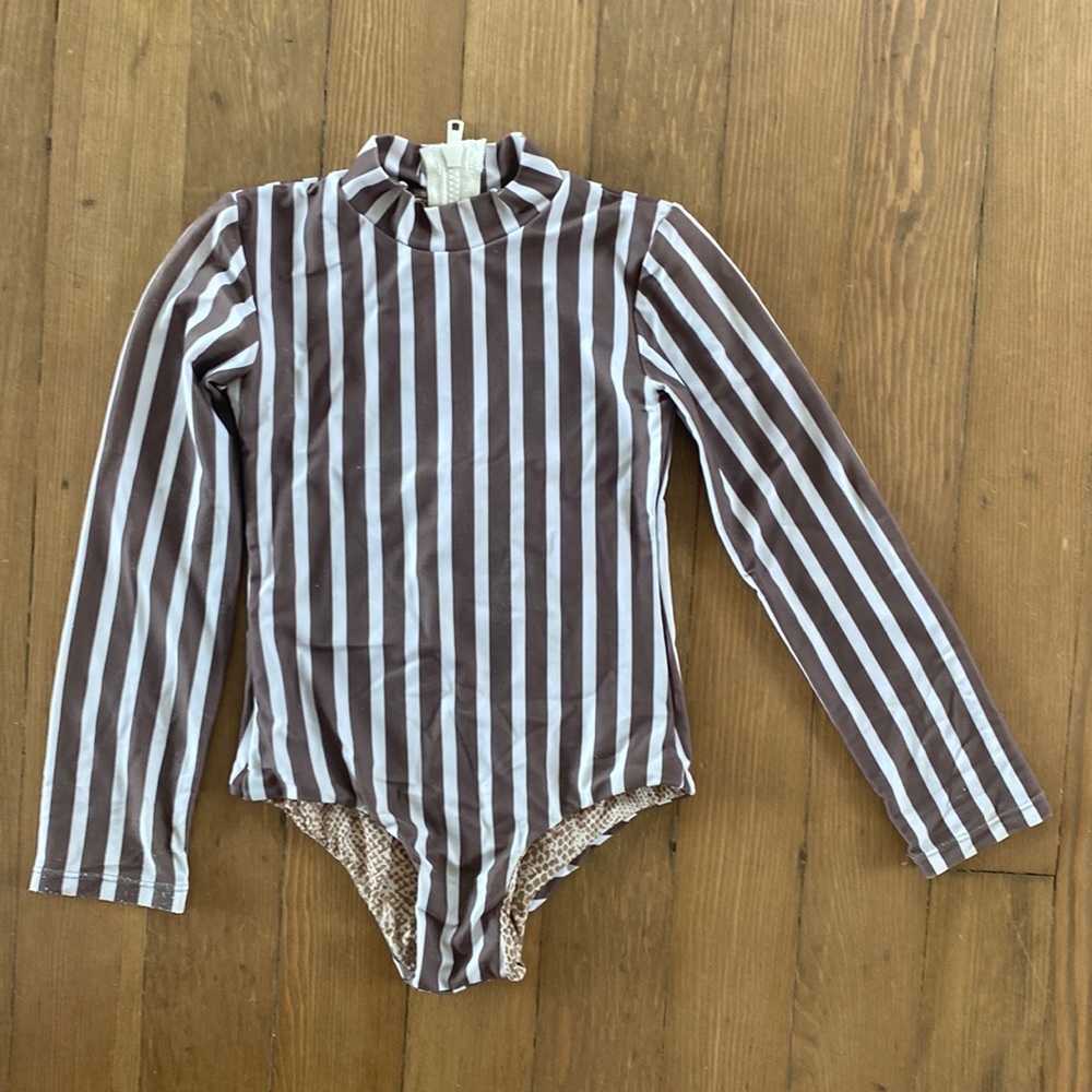 Acacia Honey Ehukai one piece girls swimsuit. Brown stripe XXL